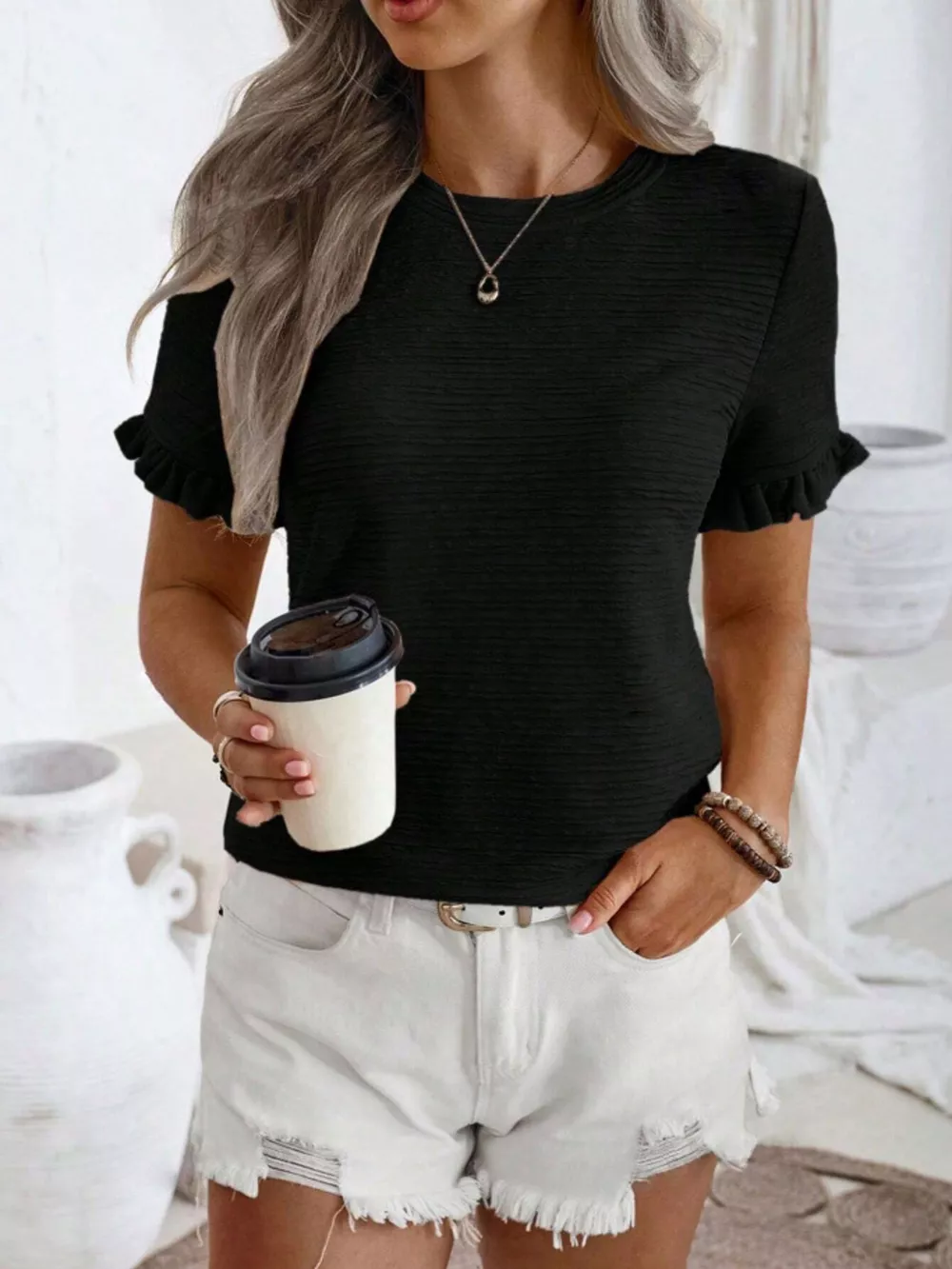 Textured Ruffle Sleeve Round Neck T-Shirt, image 23