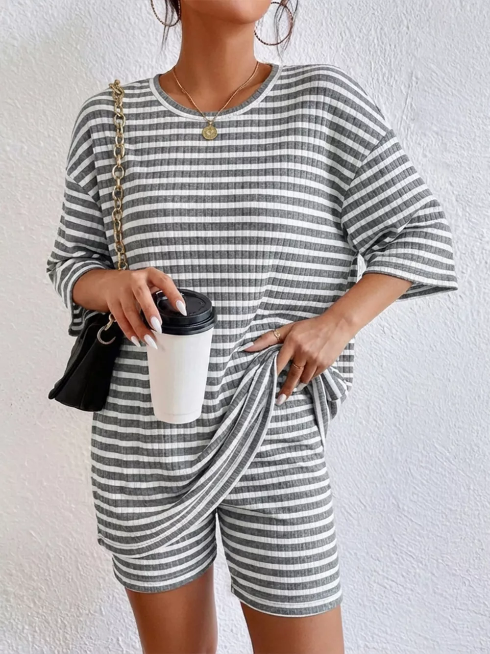 Striped Round Neck Top and Shorts Set, image 22