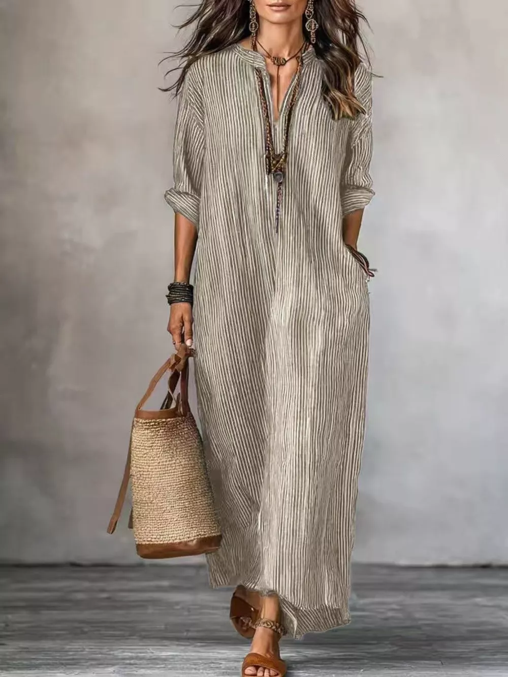 Full Size Striped Notched Maxi Dress with Pockets Plus Size, image 5