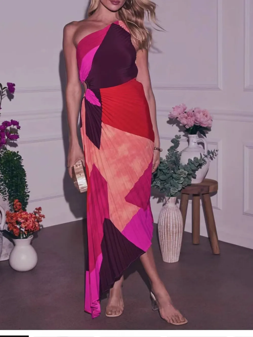 Single Shoulder Floral Pleated Dress, image 9
