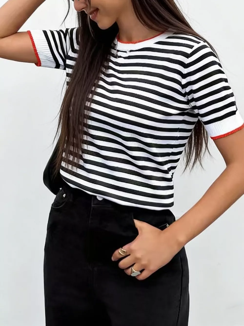 Contrast Trim Striped Short Sleeve Knit Top, image 4