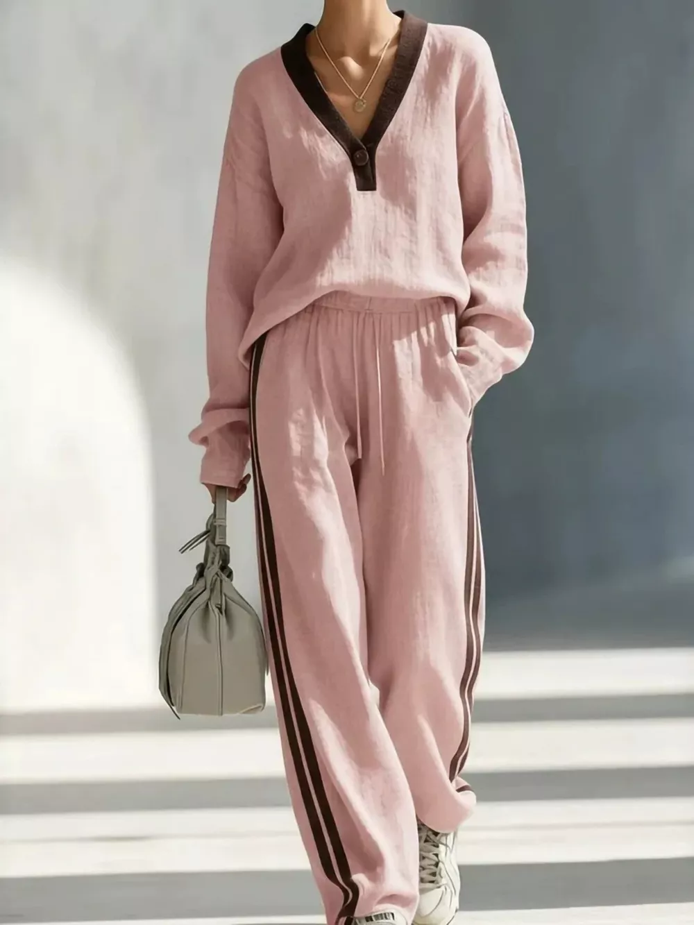 Contrast V-Neck Top and Striped Pants Set, image 6