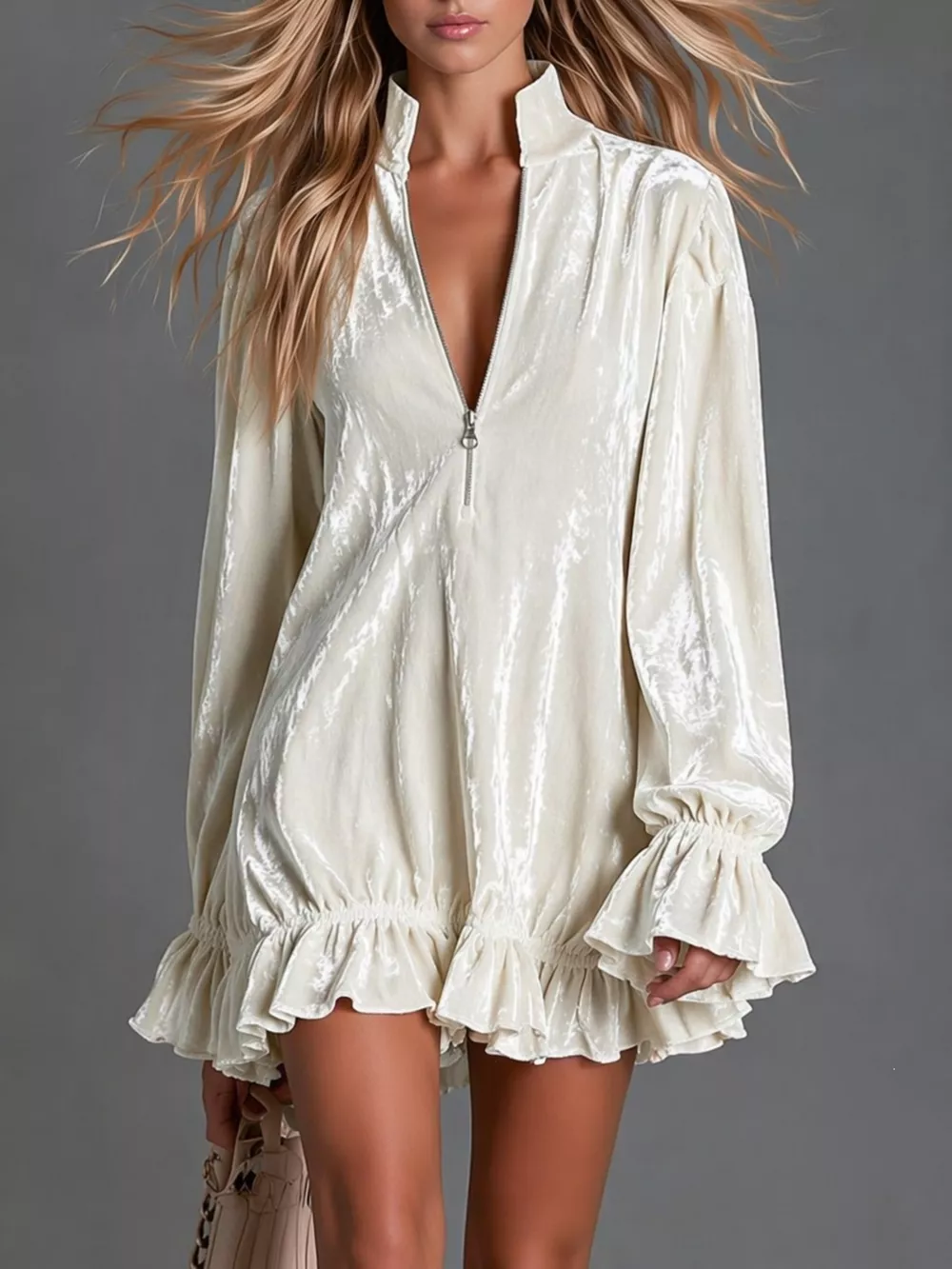 Full Size Zip-Front Ruffle Hem Mini Dress Plus Size