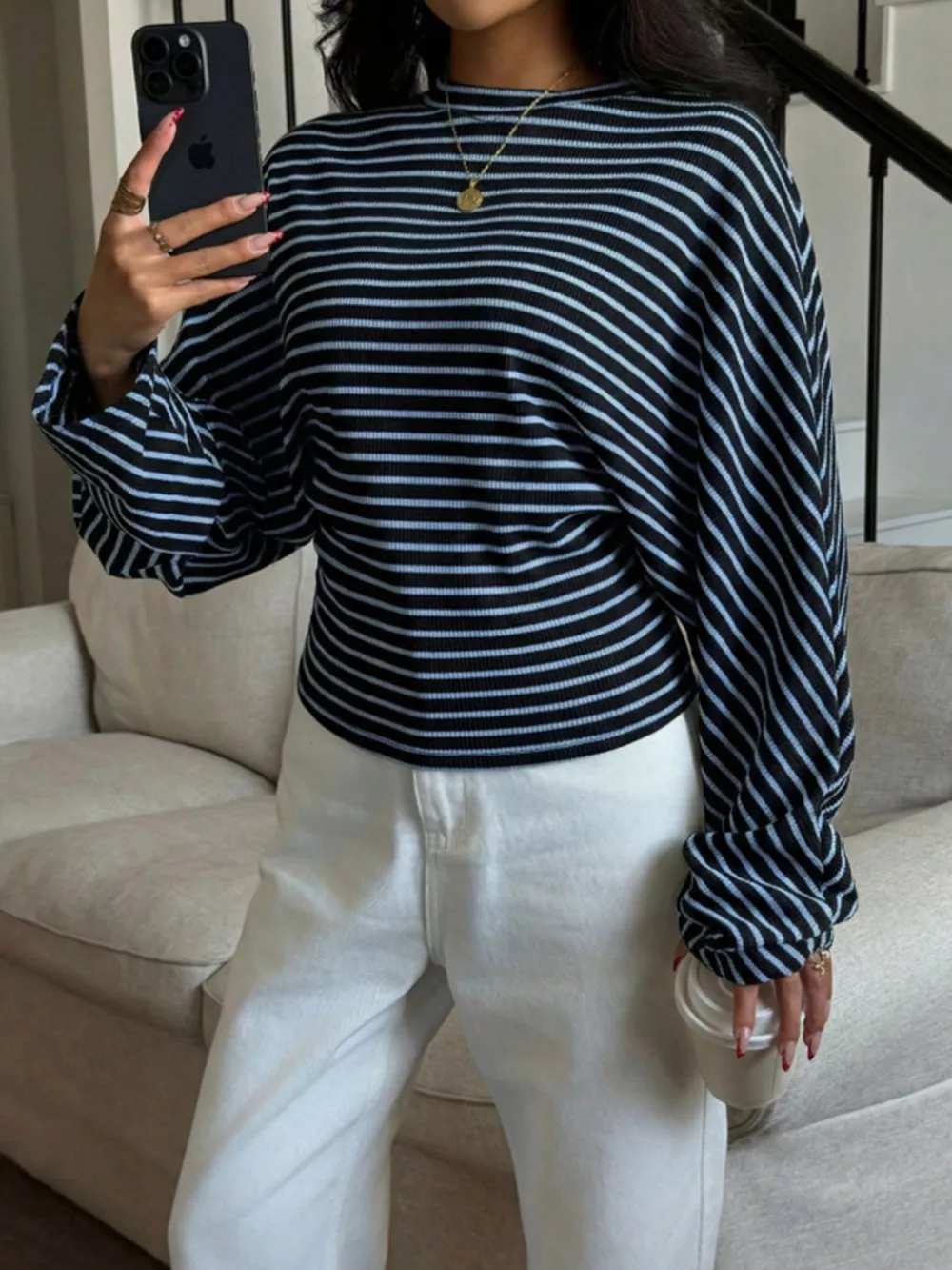 Casual Striped Long Sleeve Batwing T-Shirt, image 12
