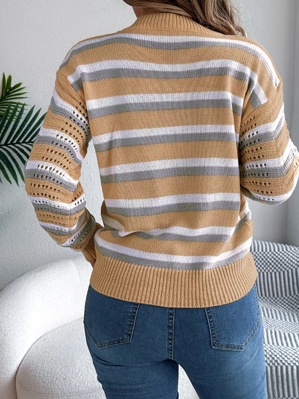 Striped Round Neck Long Sleeve Sweater, image 11