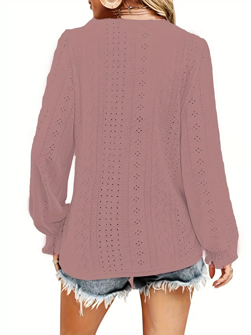 Plus Size Eyelet V-Neck Flounce Sleeve Blouse, image 29