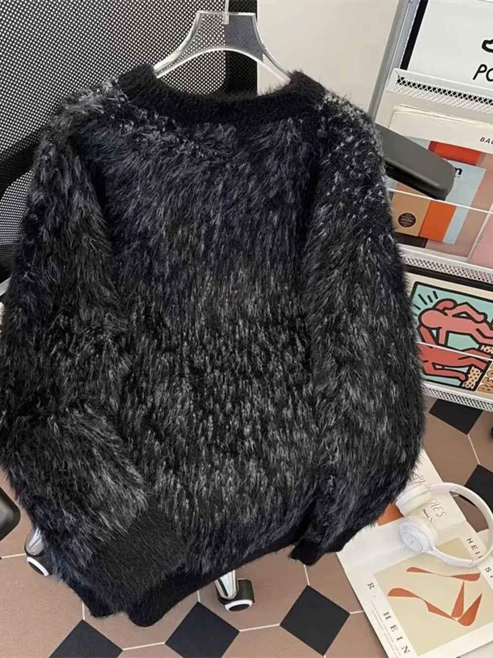 Men's Letter Fuzzy Round Neck Sweater, image 4