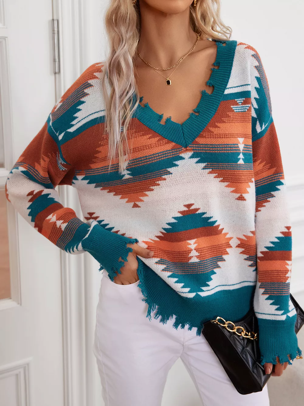 Geometric Frayed Hem V-Neck Long Sleeve Sweater, image 24
