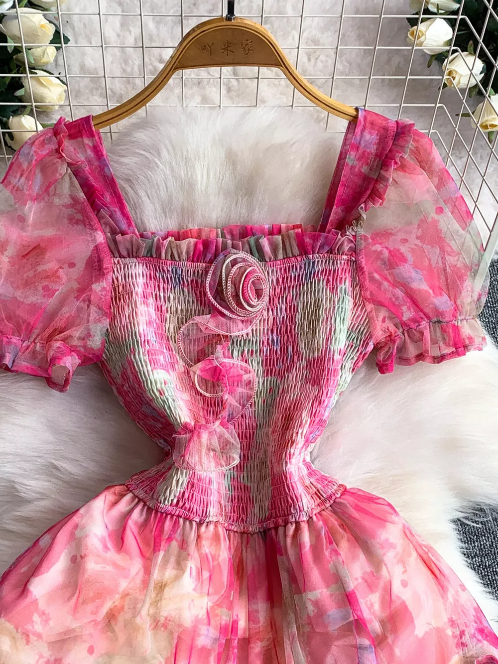 Smocked Floral Tiered Mesh Midi Dress, image 8