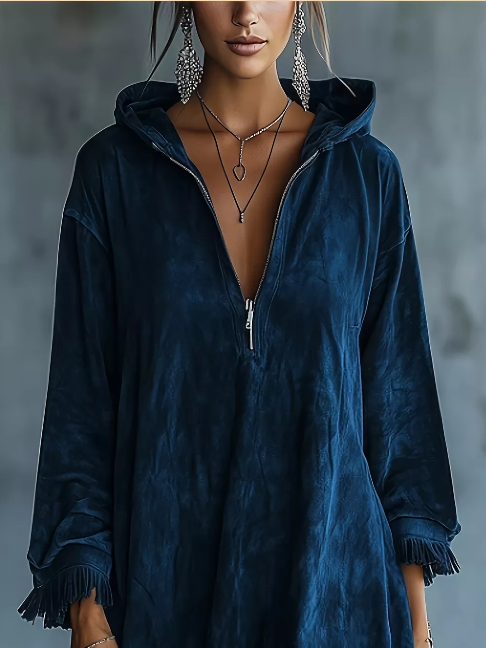 Full Size Hooded Fringed Half Zip Mini Dress Plus Size, image 8