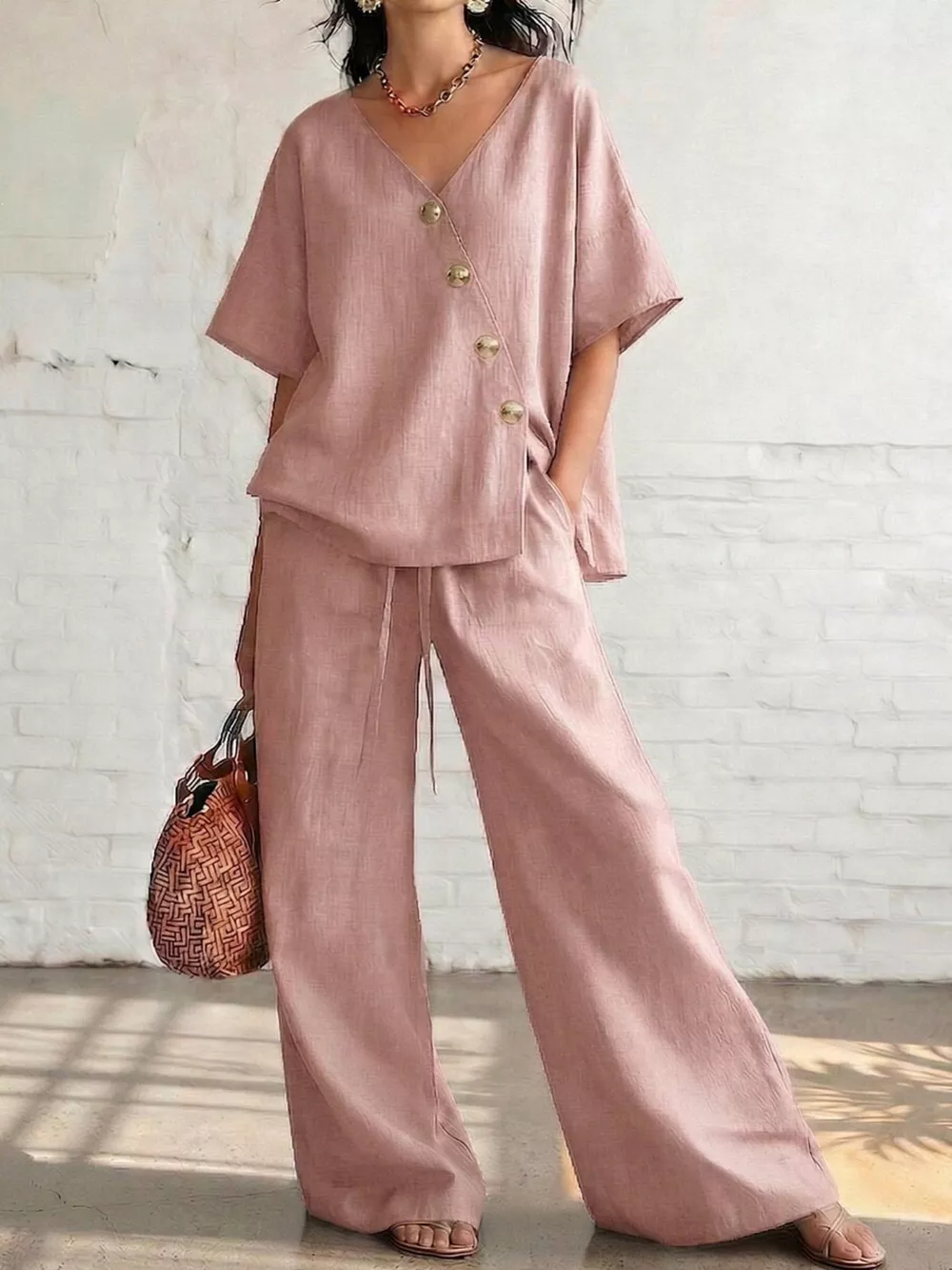 Full Size Surplice Half Sleeve Top and Wide-Leg Pants Set Plus Size, image 7