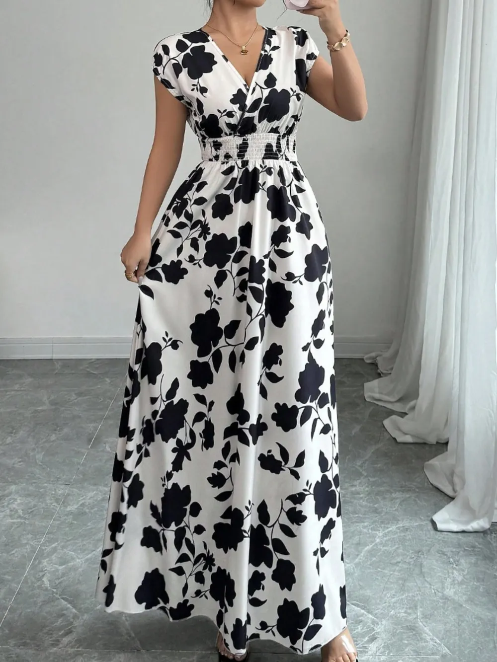 Printed Surplice Cap Sleeve Maxi Dress, image 3