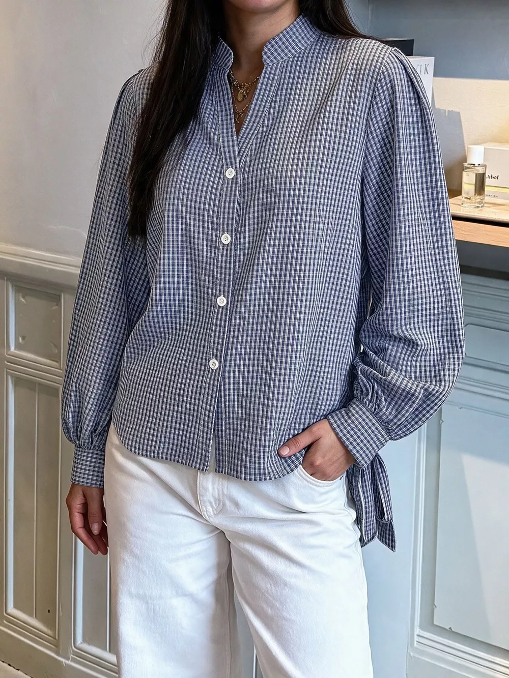 Gingham Button Up Shirt with Tie-Sleeve Detail, image 5