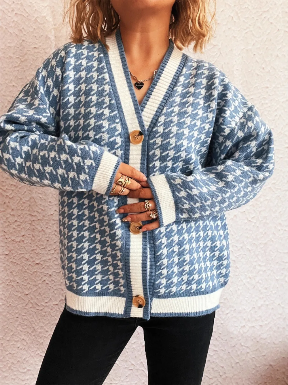 Houndstooth Pattern V-Neck Button-Up Cardigan, image 7