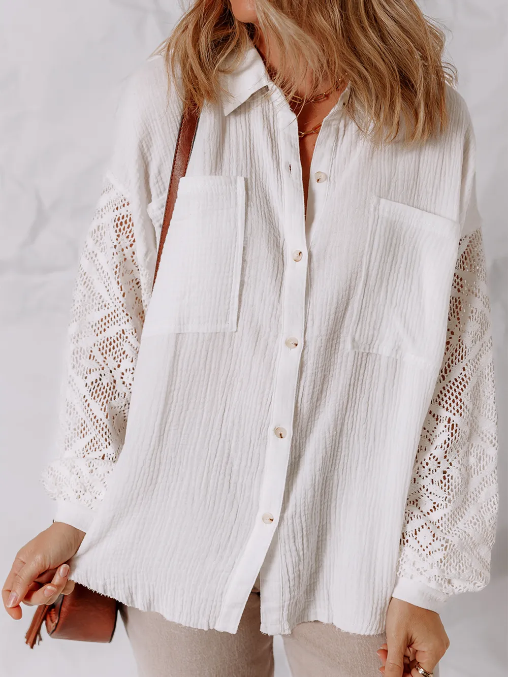 Lace Sleeve Button Down Shirt, image 7