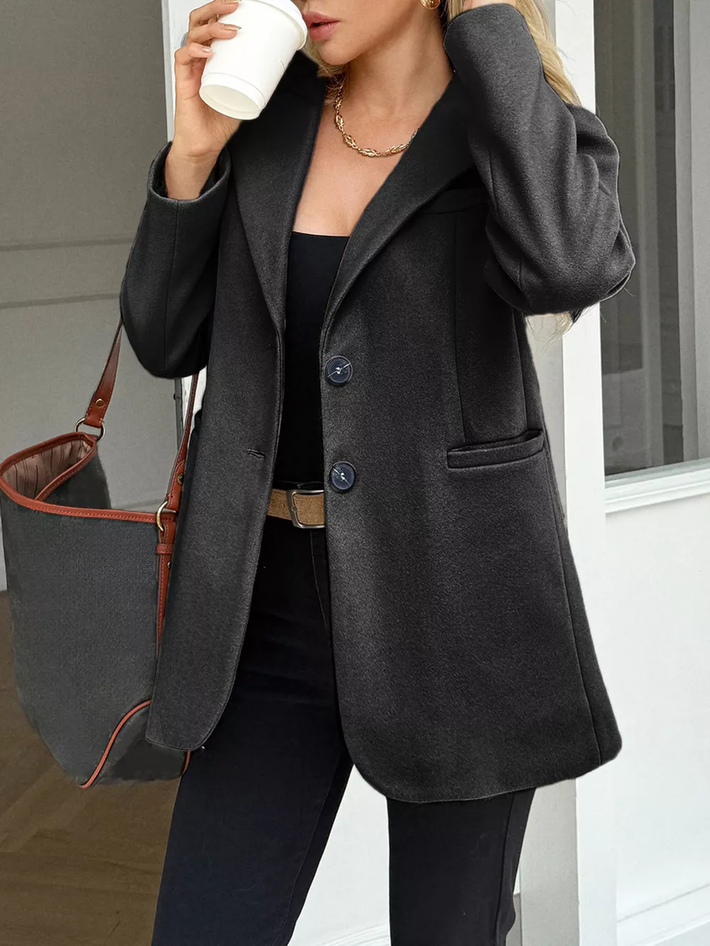 Lapel Collar Button Up Blazer