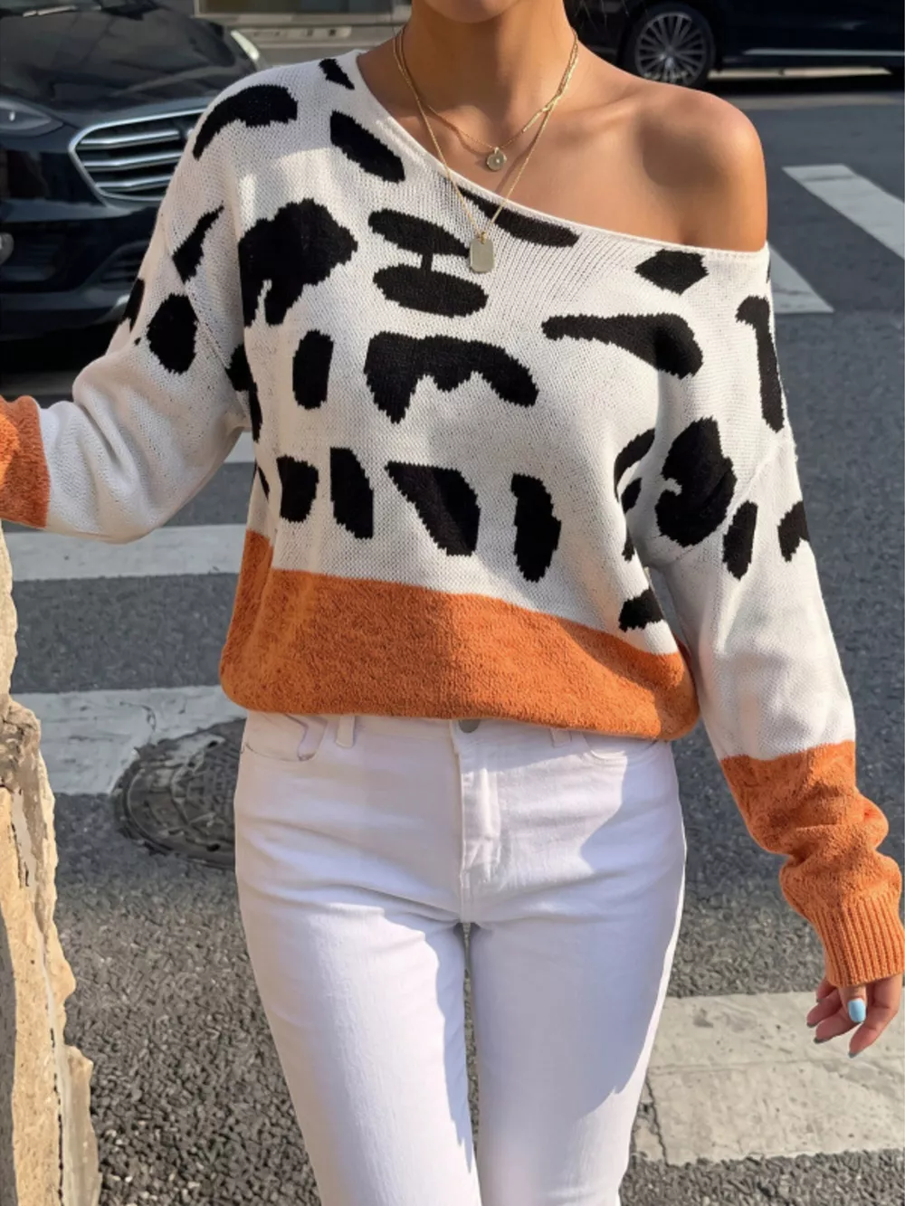 Full Size Leopard One Shoulder Sweater Plus Size, image 3