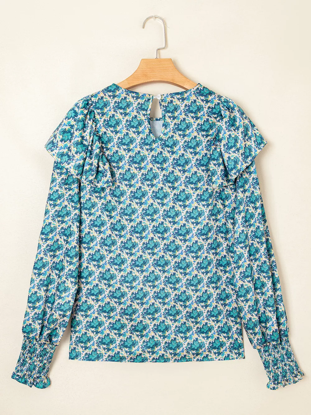 Abstract Print Shirred Cuff Ruffled Puff Sleeve Blouse, image 4