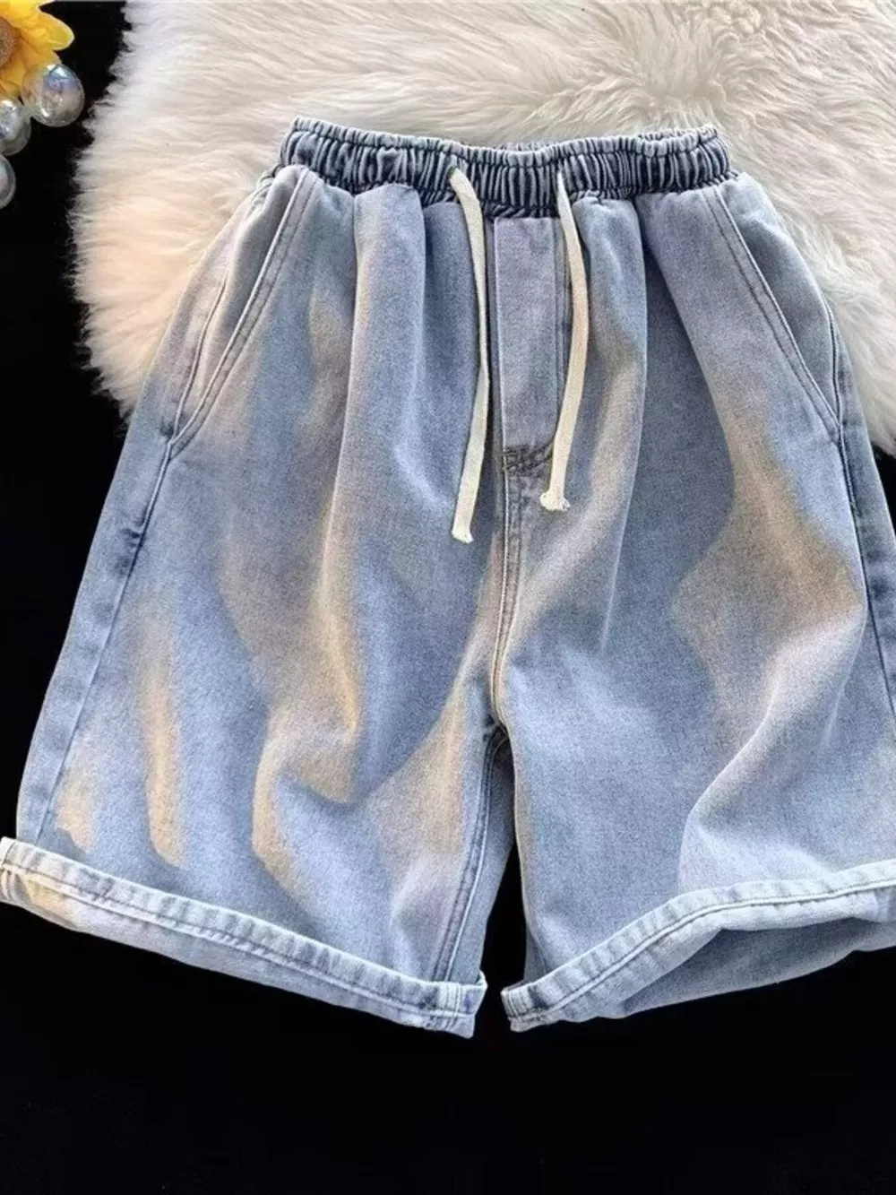 Men's Full Size Elastic Waist Washed Denim Shorts Plus Size, image 2