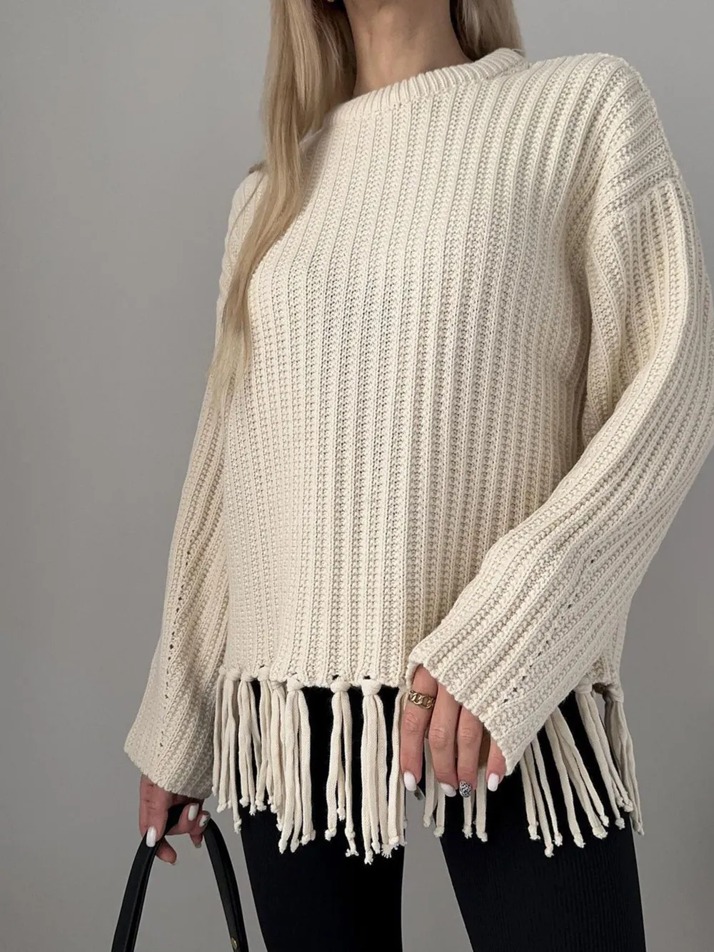 Fringe Round Neck Long Sleeve Sweater, image 9