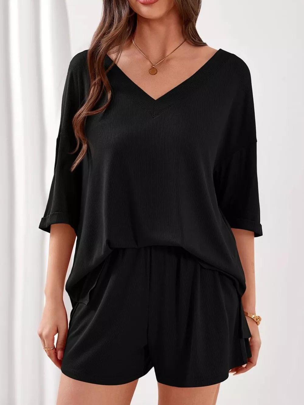Casual Solid Color V-Neck Top & Shorts Set, image 22