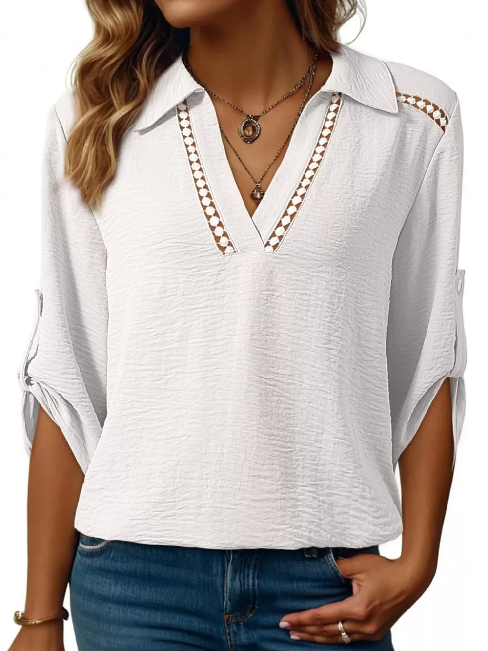 Johnny Collar Roll-Up Sleeve Blouse, image 5