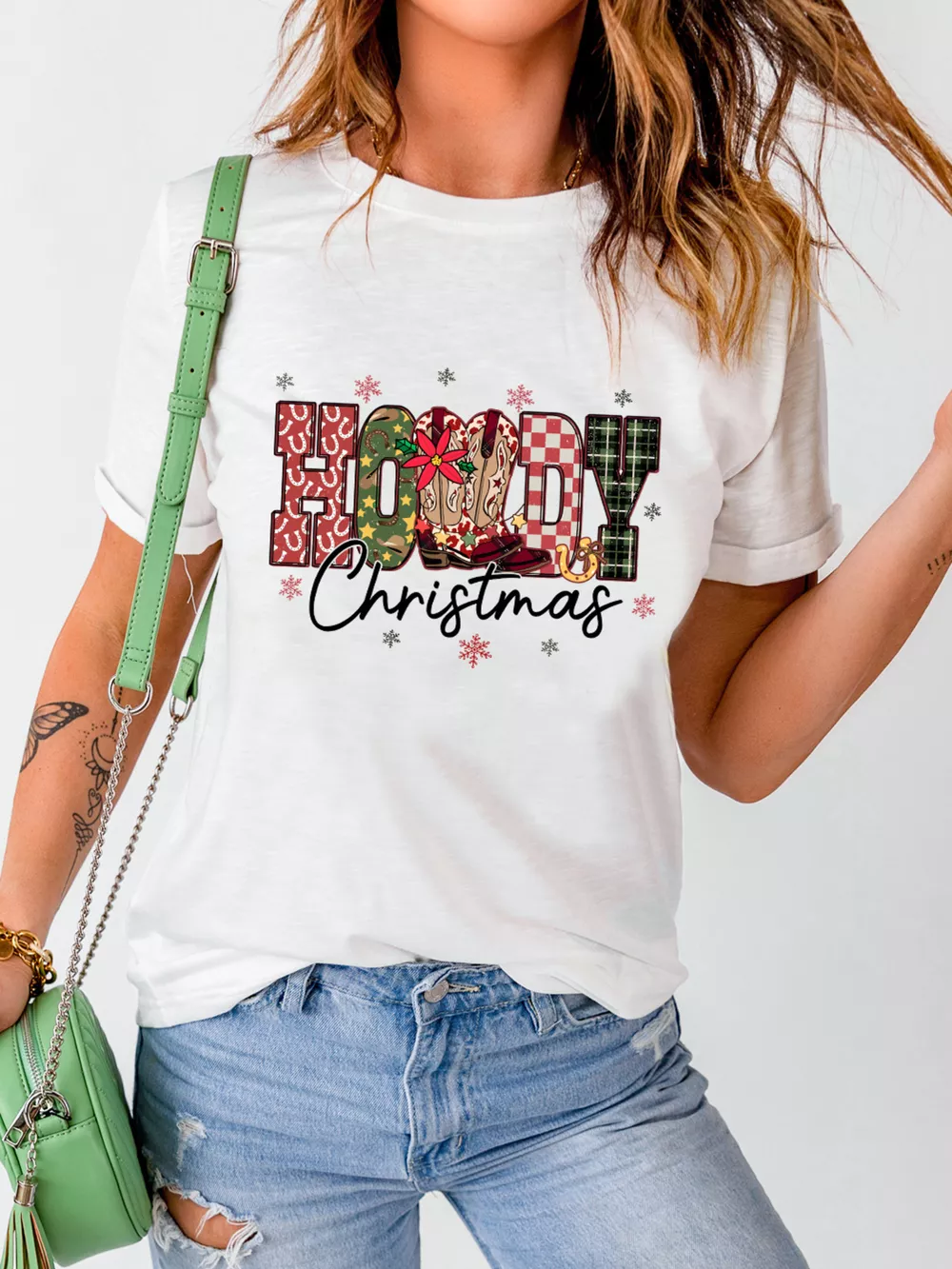 HOWDY Christmas Festive Letter Printed Crew Neck T Shirt, image 4