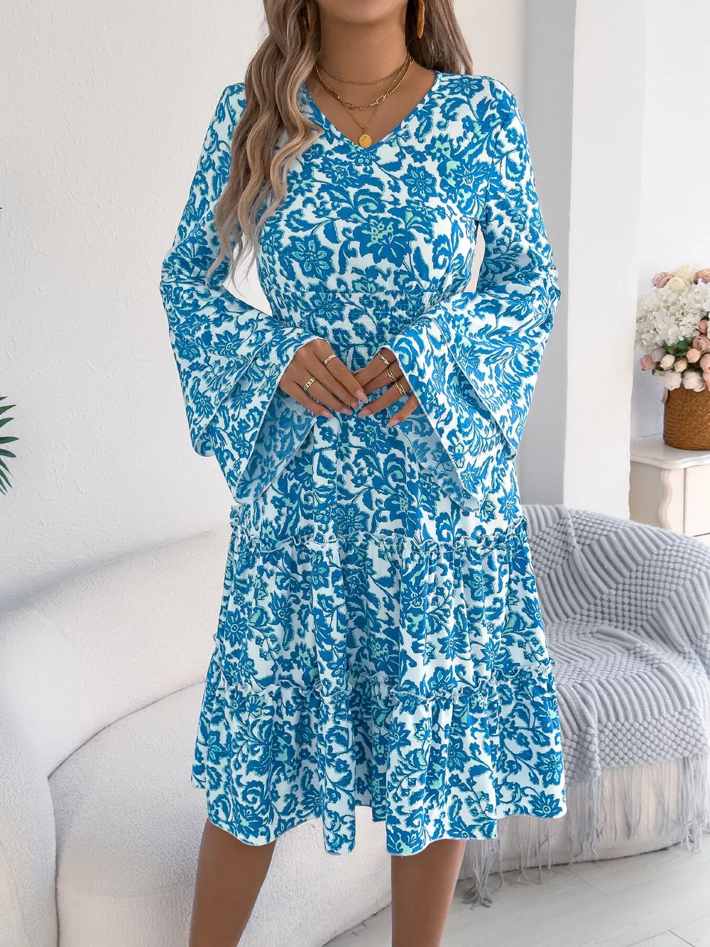 Floral Print Smocked Ruffle Hem Flared Sleeve Dress, image 8