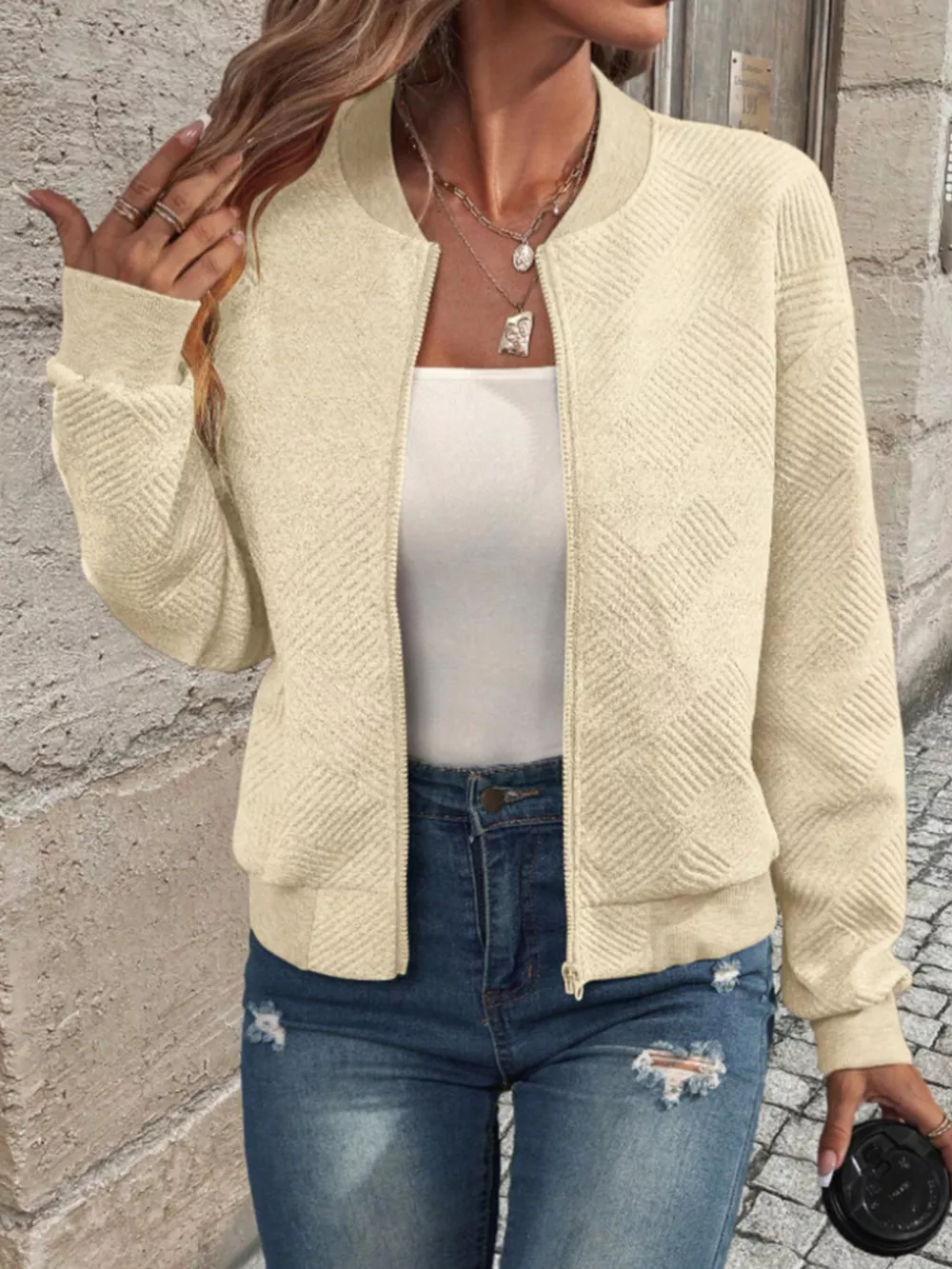 Textured Knit Zip-Up Bomber Jacket, image 3