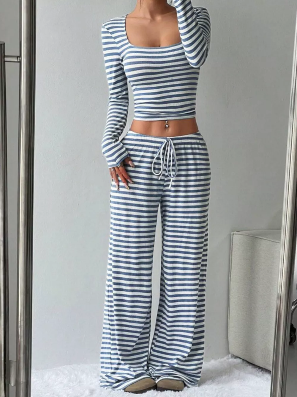 Striped Long Sleeve Crop Top and Wide Leg Pants Set, image 14