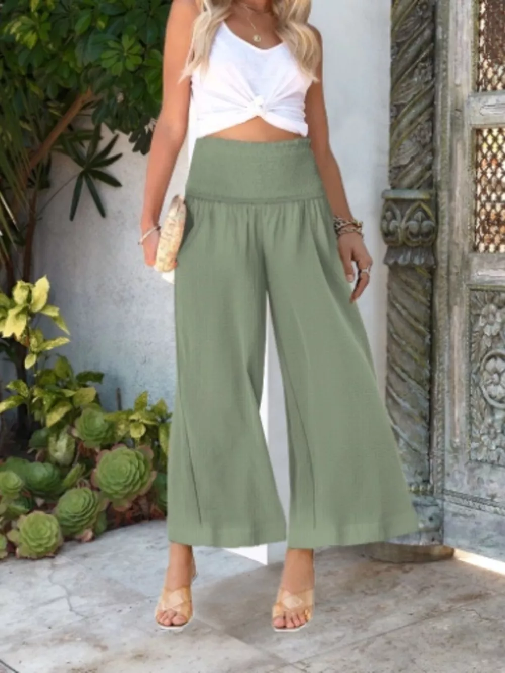 Wide-Leg Smocked Waist Pants, image 9