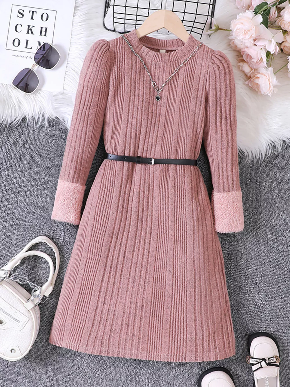 Children's Ribbed Knit Long Sleeve Dress, image 9