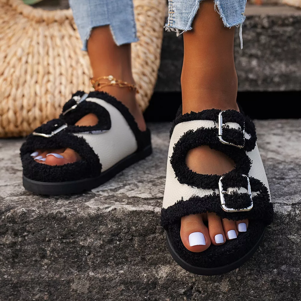 Buckle Decor Plush Lined Platform Slippers, image 5