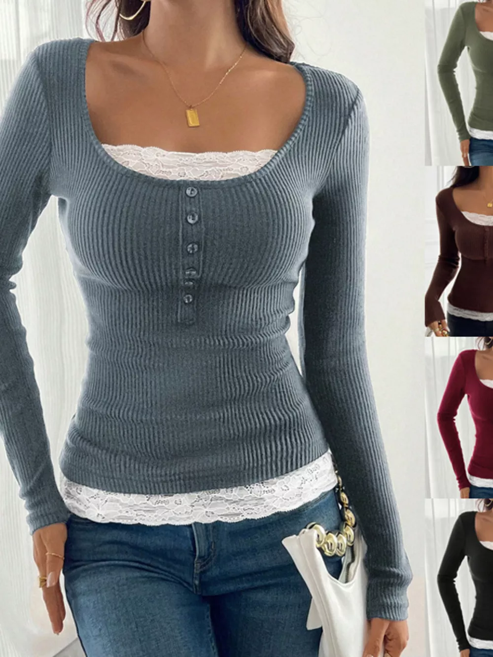 Lace Detail Long Sleeve Ribbed Top, image 10