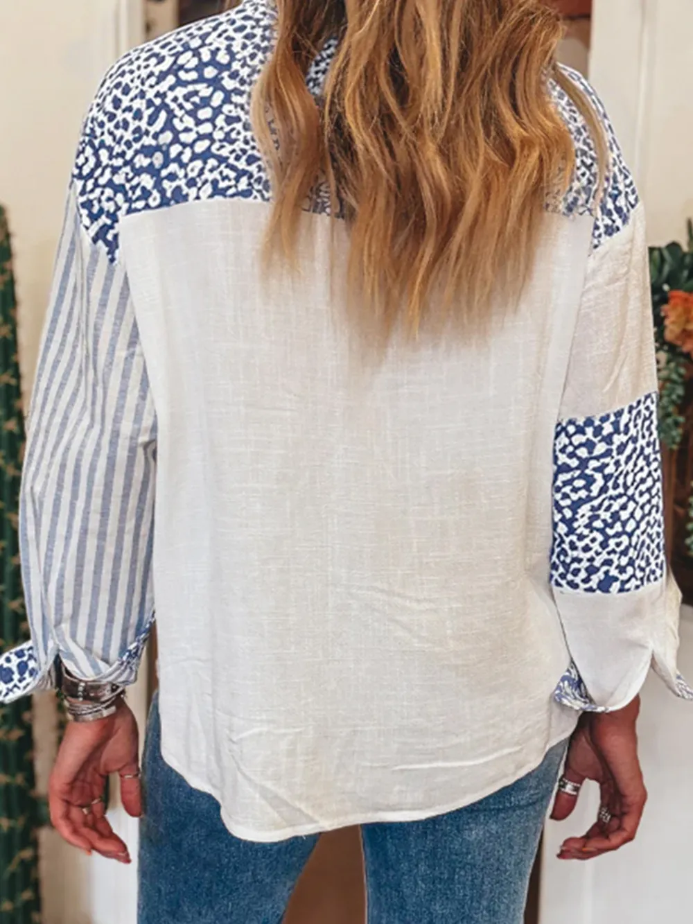 Striped Patchwork Button Down Shirt with Leopard Print Details, image 5