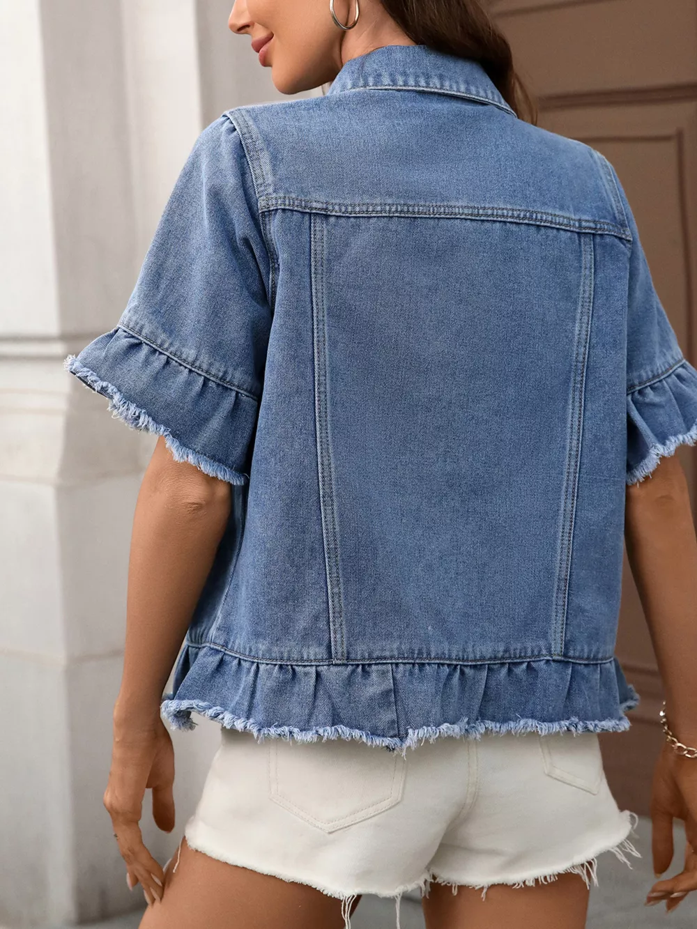 Raw Hem Button Up Denim Jacket, image 6
