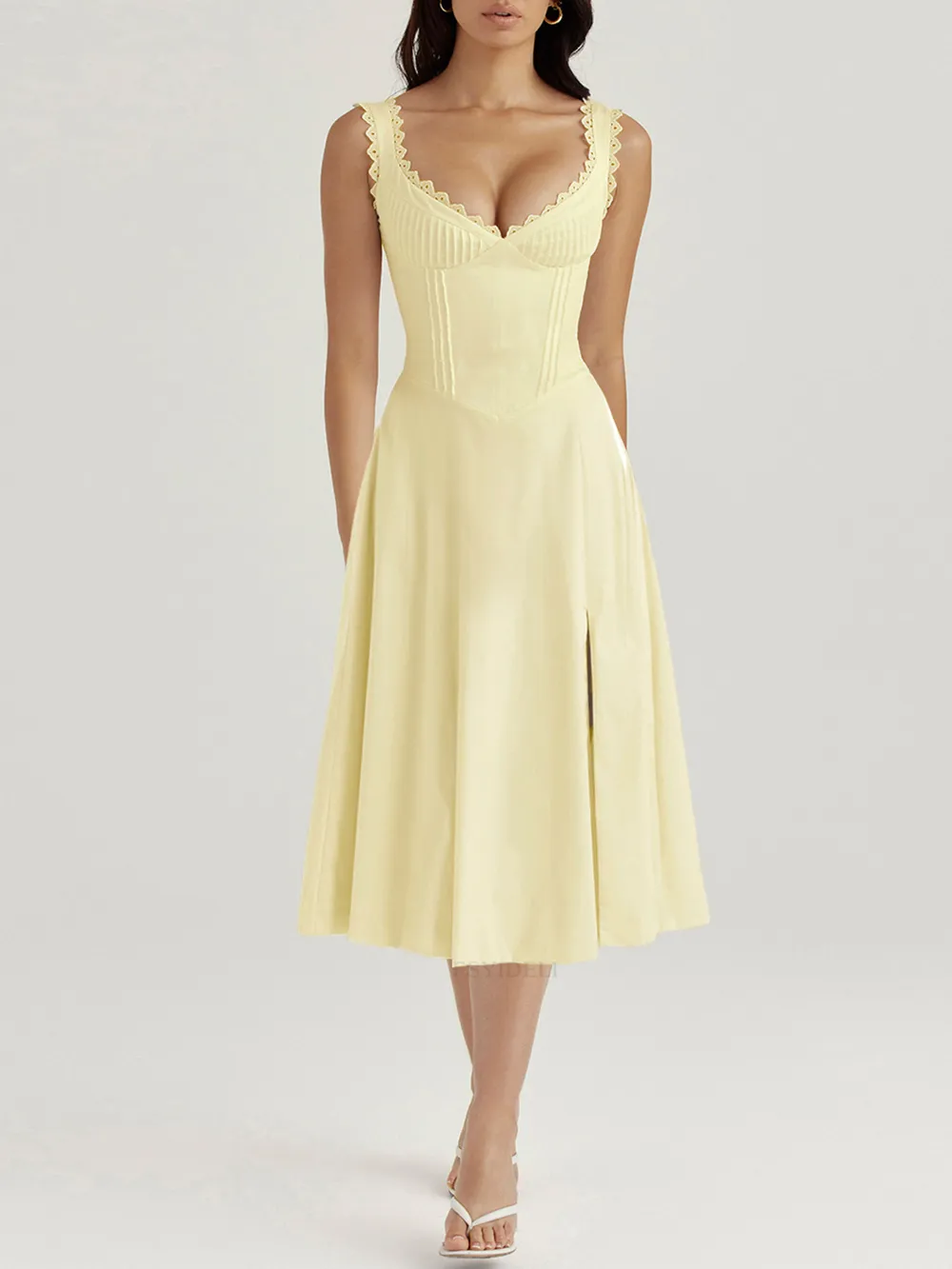 Scalloped V-Neck Midi Dress with Back Lace-Up, image 6
