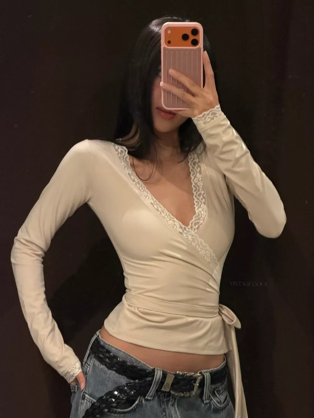Lace-Trimmed Long Sleeves Wrap Blouse, image 4