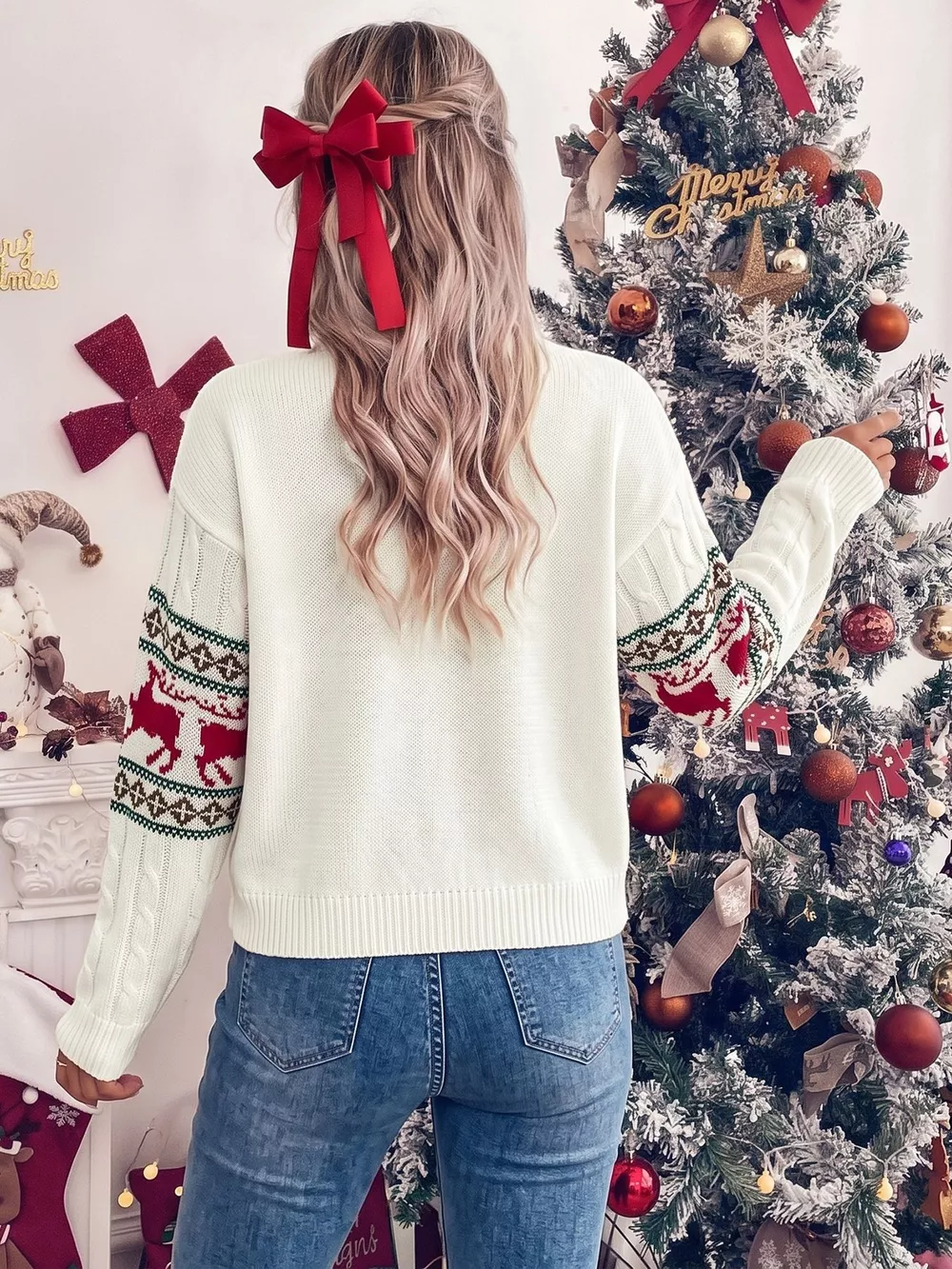 Christmas Reindeer Pattern Cable Knit Sweater, image 6