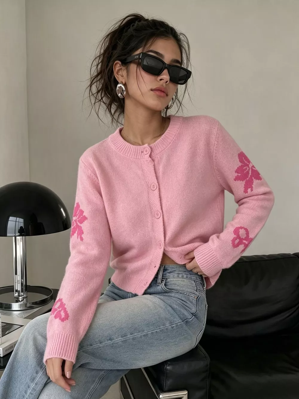 Floral Crew Neck Cropped Knit Cardigan, image 22