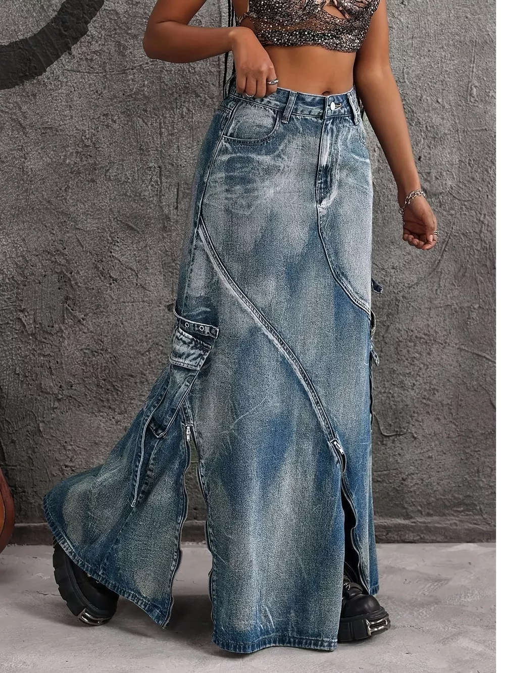 High-Waisted Denim Maxi Skirt with Zipper Slit, image 3
