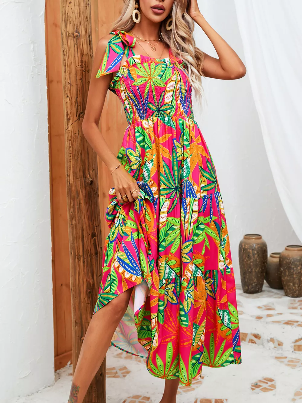 Tropical Print Smocked Tie-Strap Dress, image 3