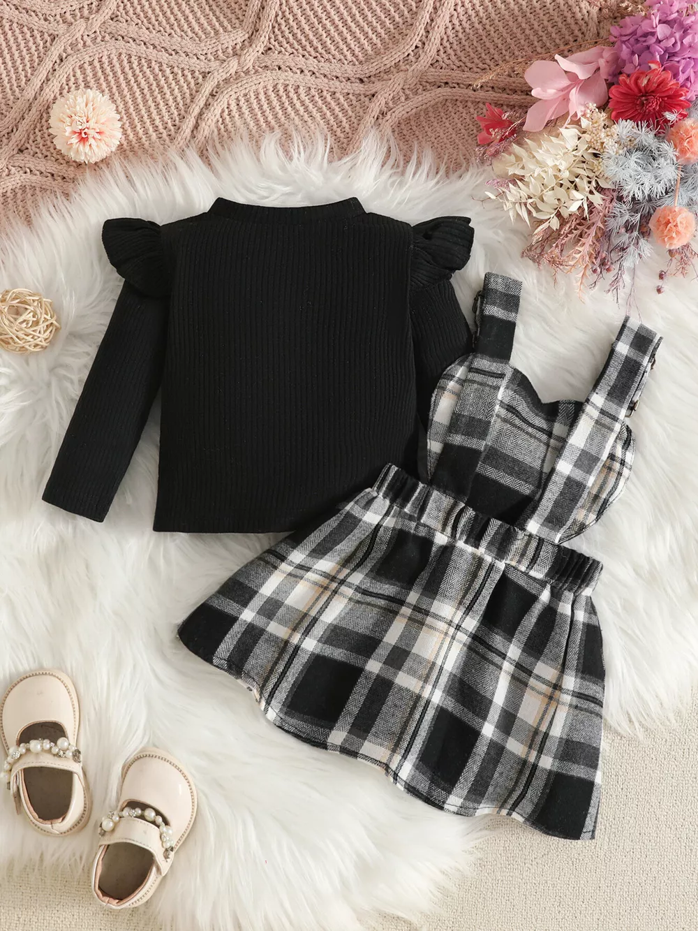 Children's Plaid Suspender Skirt Set with Ribbed Long Sleeve Top, image 6