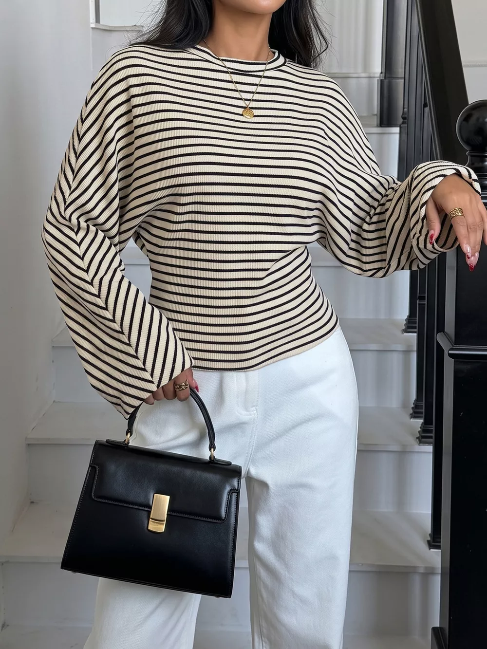 Striped Batwing Sleeve Crew Neck T-Shirt, image 3