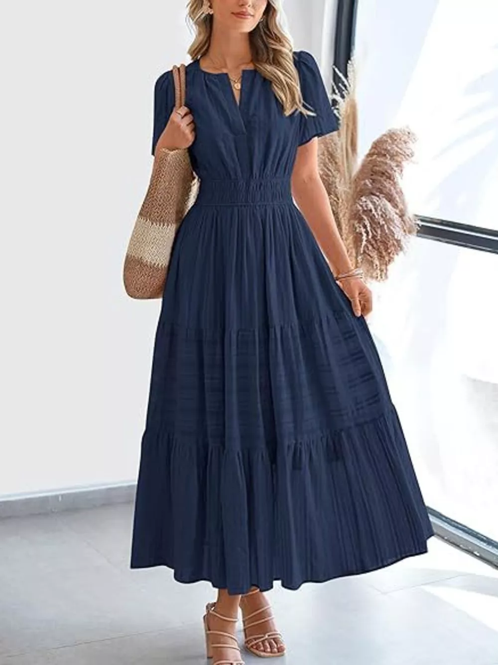 Full Size Short Sleeve Tiered Midi Dress Plus Size, image 2