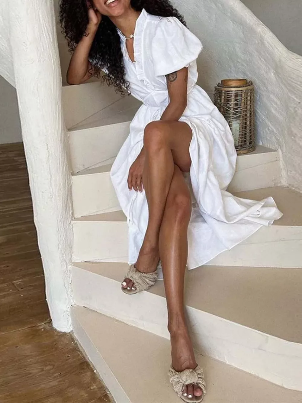 Full Size Puff Sleeve Ruffle Trim Maxi Dress Plus Size, image 5