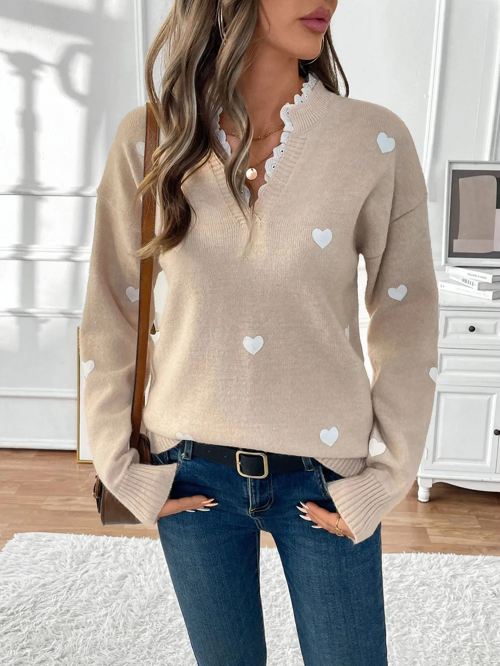 Heart V-Neck Long Sleeve Sweater, image 7