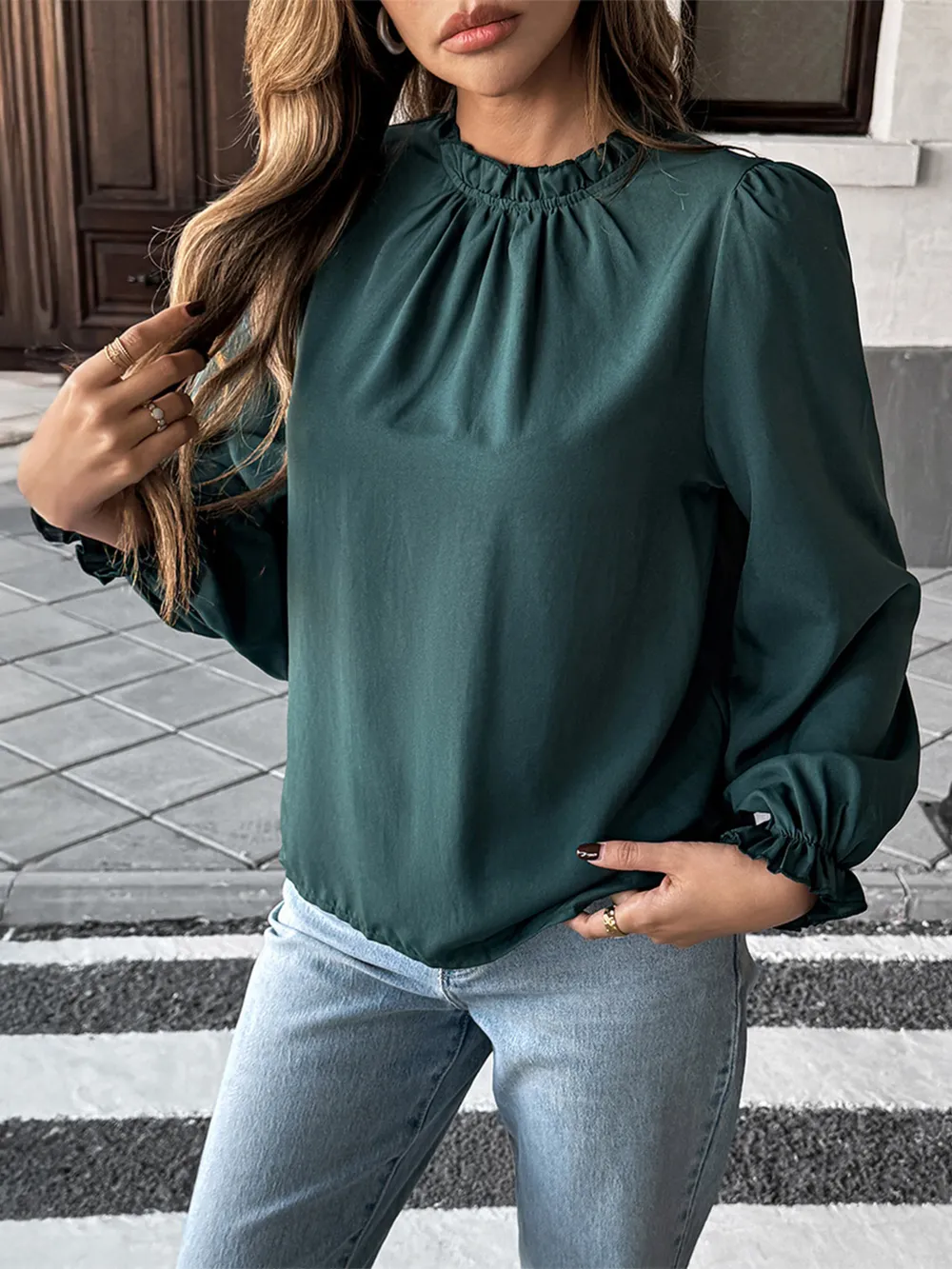 Ruched Round Neck Long Sleeve Blouse