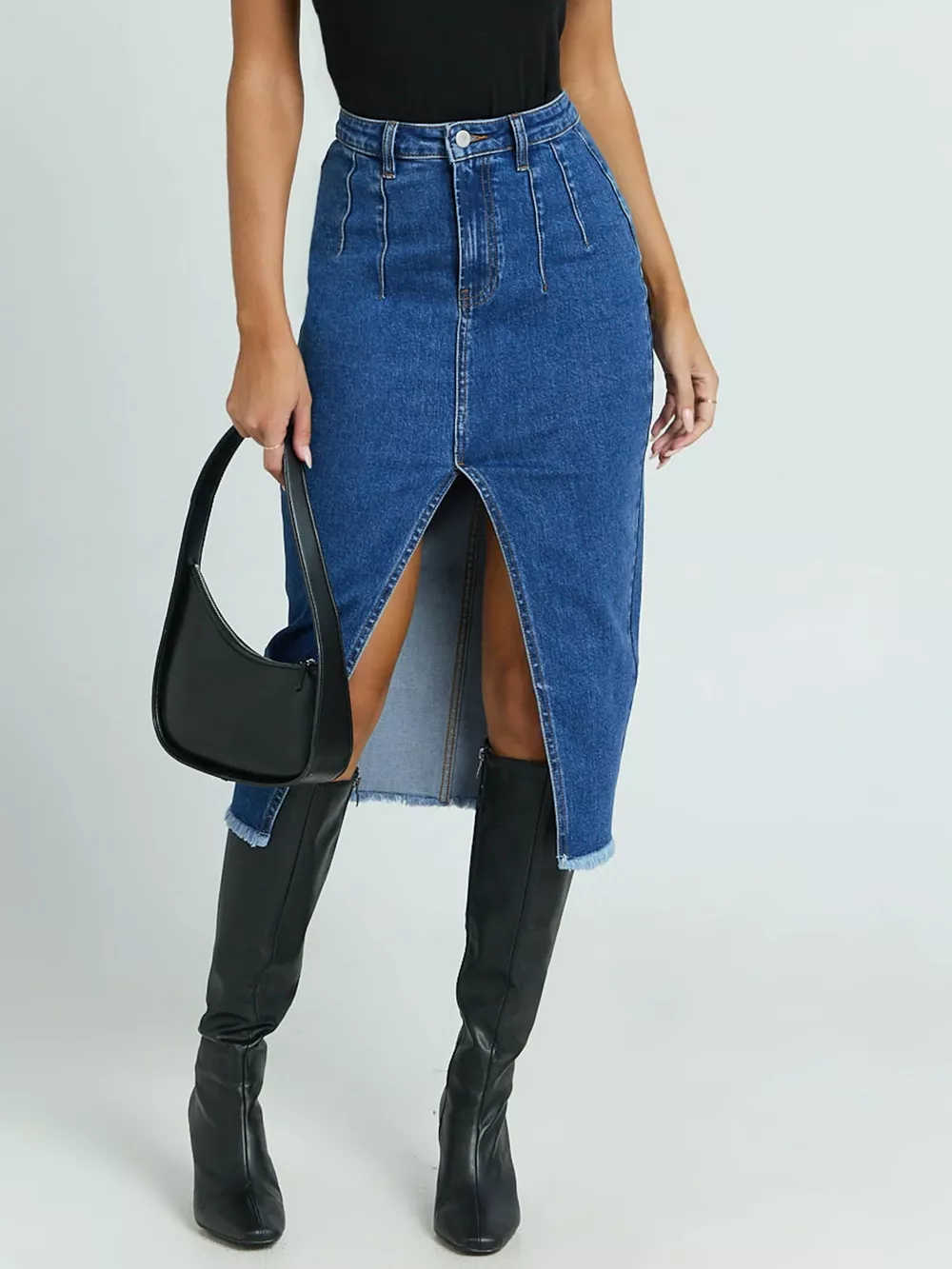 High-Waisted Slit Denim Skirt, image 3