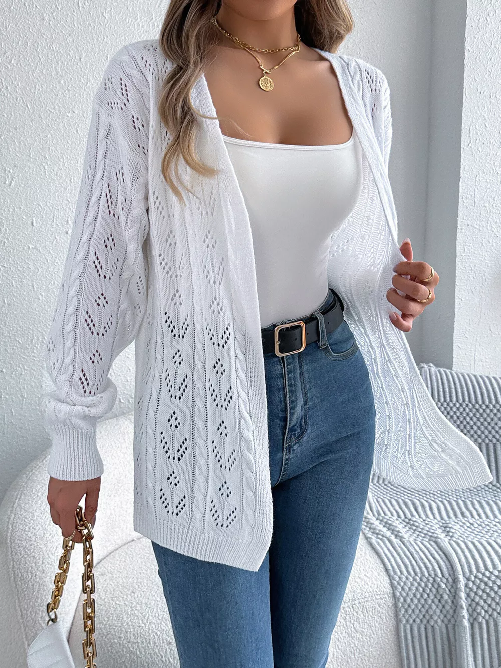 Openwork Open Front Long Sleeve Cardigan, image 12